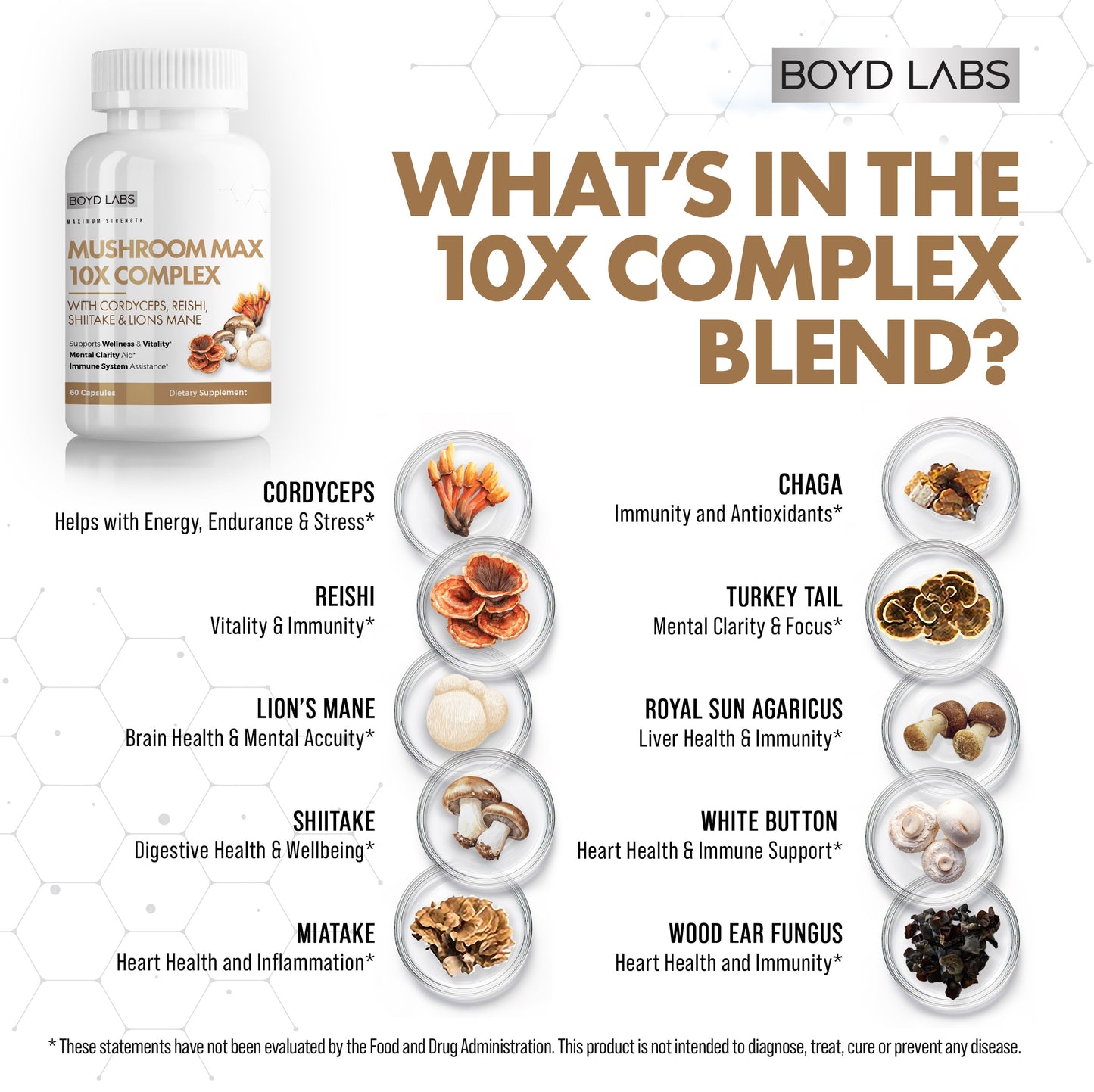 Boyd Labs Mushroom Max 10X Complex Supplement with Cordyceps, Reishi, Shiitake & Lion's Mane - 60 Capsules