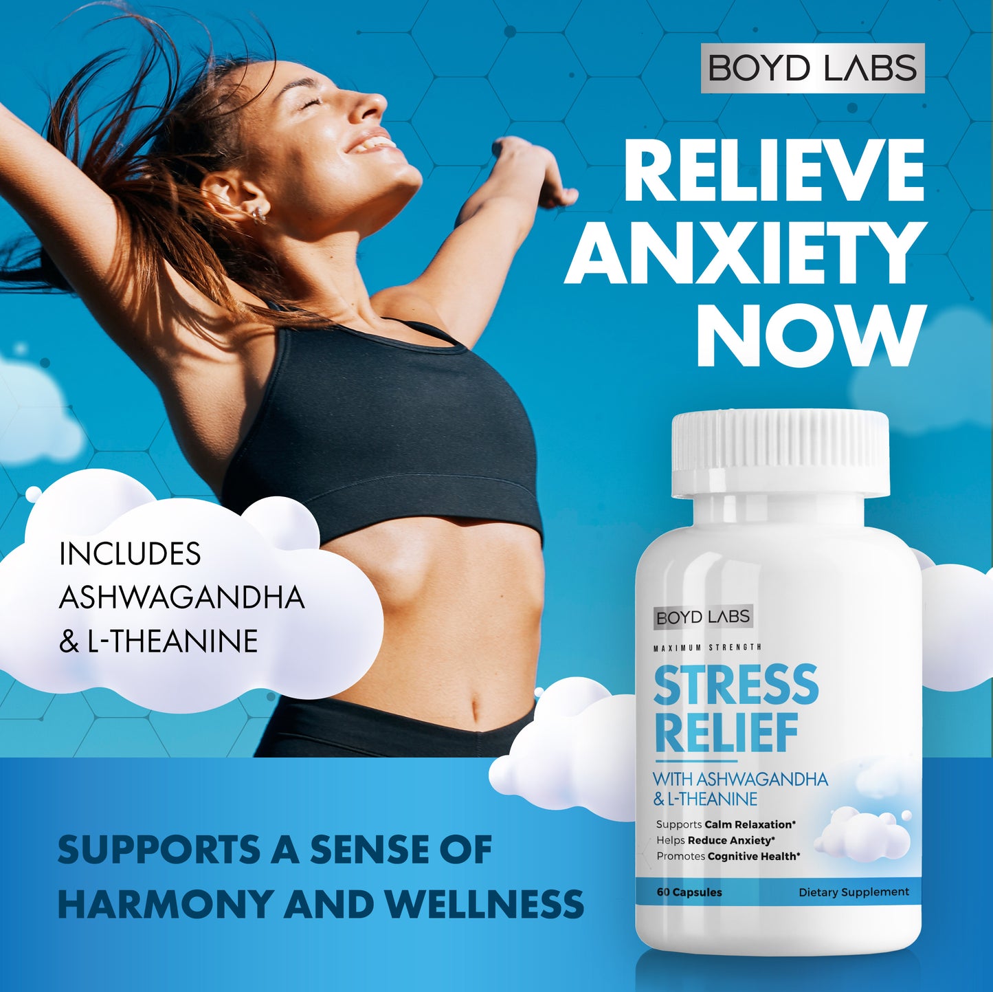 Boyd Labs Stress Relief with Ashwagandha and L-Theanine, Helps Reduce Anxiety and Support Calming Relaxation, 60 Count