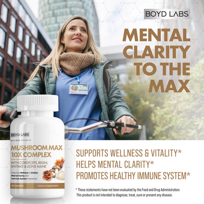 Boyd Labs Mushroom Max 10X Complex Supplement with Cordyceps, Reishi, Shiitake & Lion's Mane - 60 Capsules