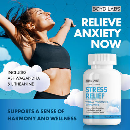 Boyd Labs Stress Relief with Ashwagandha and L-Theanine, Helps Reduce Anxiety and Support Calming Relaxation, 60 Count