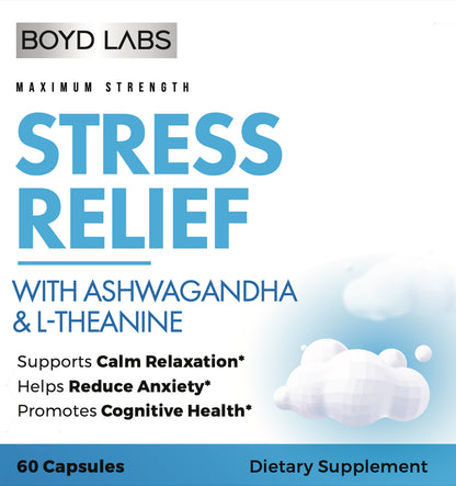 Boyd Labs Stress Relief with Ashwagandha and L-Theanine, Helps Reduce Anxiety and Support Calming Relaxation, 60 Count